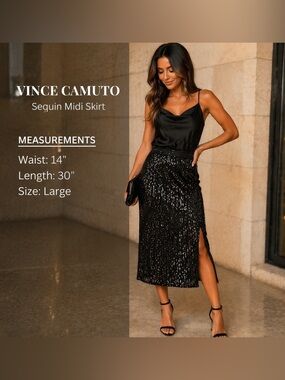 Vince Camuto Sequin Skirt Large NWT Black Midi Party Holiday Sparkle
